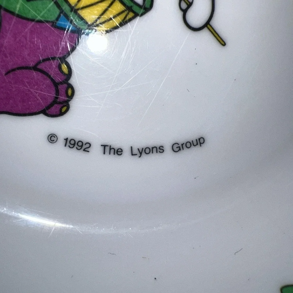 Vtg 1992 Melamine 4 Piece Barney Purple Dinosaur Toddler Child Plate Bowl Set